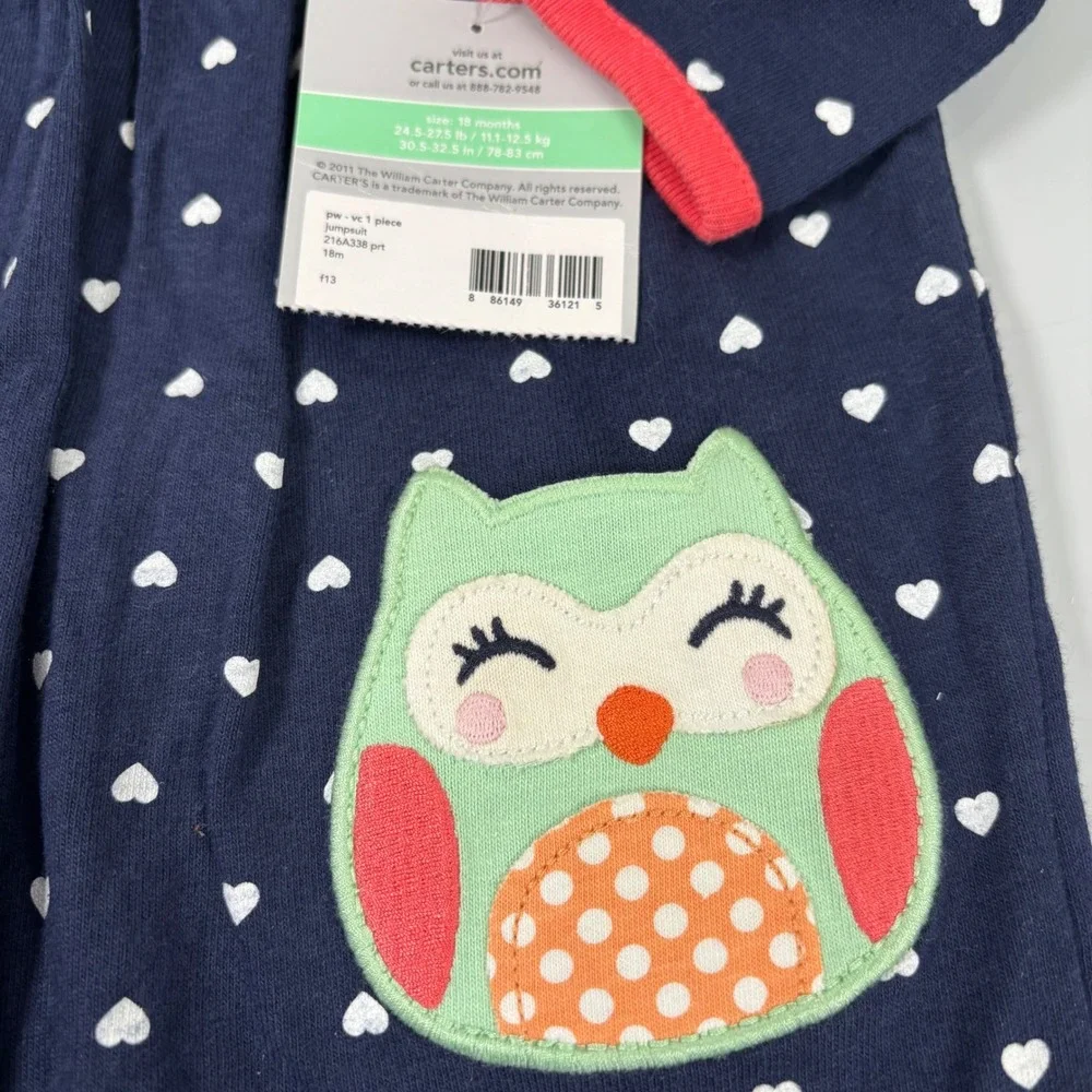 Carter's Kids 18M Navy Blue Heart Print Jumpsuit New Owl Applique Long Sleeve